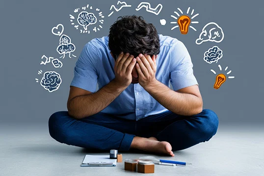 Picture a man sitting with his head in his hands